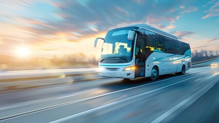 A modern white tourist bus driving on a highway during sunset. Concept Tourism, Travel, Transportation, Sunset, Urban Landscapes