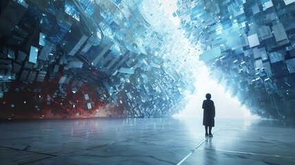 Lost in the digital dreamscape, a solitary figure stands in awe of the towering glitch-like structures that surround them