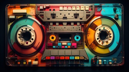 Vintage audio cassette tape on black background. Retro music concept.