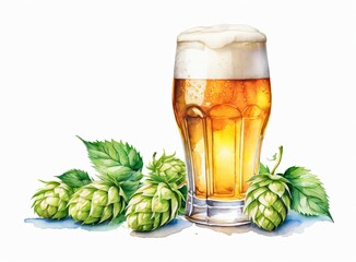 Drawing of a full beer glass and hop cones on a white background