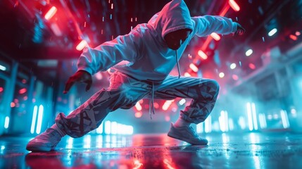 A young man breakdancing in a dark room with blue and red spotlights.