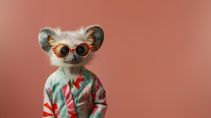 Süßer kleiner Waschbär mit Kleidung und Sonnenbrile schaut in die Kamera als Cartoon Poster
