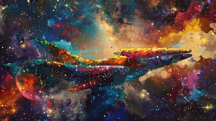 An ethereal depiction of a whale, its body adorned with vibrant hues, glides gracefully through the cosmos