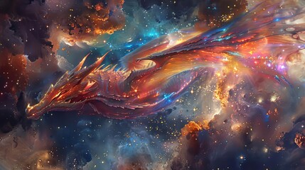 A majestic space dragon soars through the cosmos. The dragon's scales shimmer like stars, and its wings are out stretched.