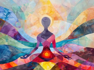 A figure meditating in the center of an aura radiating from their heart again a vibrant colors background.