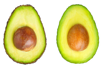 Sliced black and green avocado on an isolated white background.