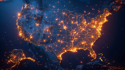 Digital map of the United States with glowing connections and city lights