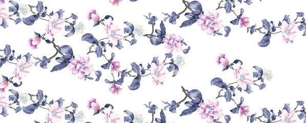 beautiful abstract watercolor blossom bouquet botanical luxury element pattern rotary printing design seamless illustration turquoise pink grey color combination for digital home textile and apparels