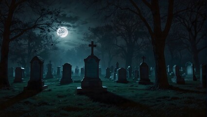 A scary and creepy moonlit graveyard.
A scary and creepy moonlit cemetery.
