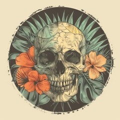 An illustration of a skull surrounded by tropical flowers and palm leaves on a vintage background