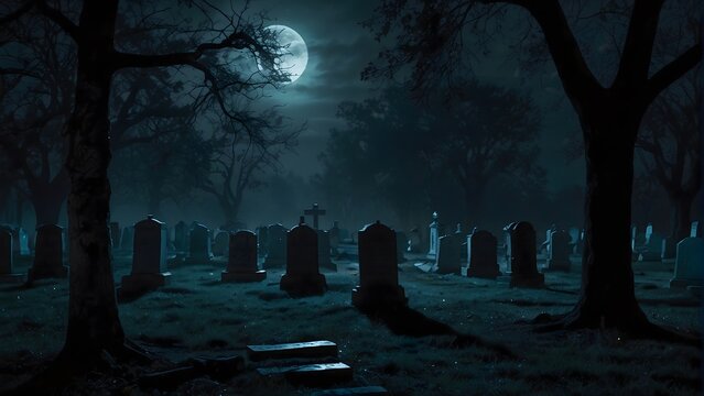 A scary and creepy moonlit graveyard.
A scary and creepy moonlit cemetery.