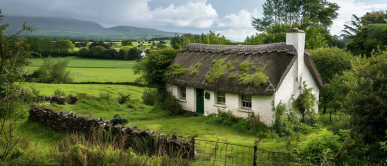 Charming Irish thatched cottage nestled in lush green countryside, surrounded by rolling hills and...
