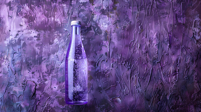 Sparkling Water Bottle on Abstract Purple Textured Background: A Study in Color and Refreshment