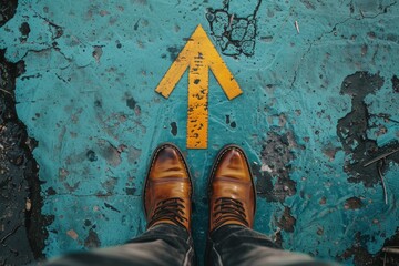 This photo captures a person's boots on a cracked, blue surface marked with a yellow arrow. Suitable for themes of direction, urban decay, and personal journey in presentations and articles.