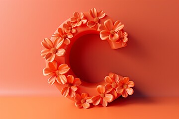 3D Render Letter C with Engraved Flowers on Orange Background