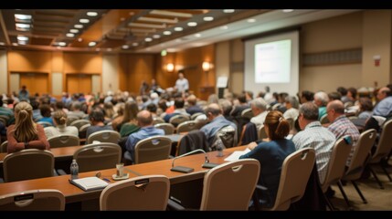 A room full of professionals listening intently to a speaker at a business conference presentation