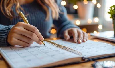 Woman writing in planner and organizing schedule at desk, planning upcoming events and tasks, time management and productivity concept
