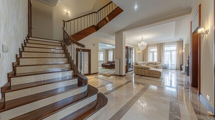 The grand staircase takes center stage in this expansive and ornately decorated luxurious home interior
