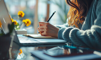 Study Online Notes - Woman Writing on Notebook with Laptop, E-Learning, Business Planning, To-Do Reminders