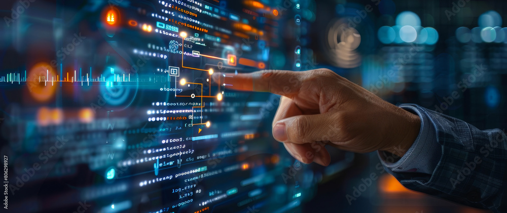Poster tech businessman analyzing ai machine learning insights using data science on virtual screen interfa
