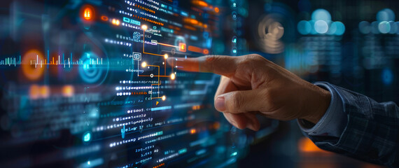 Fototapeta premium Tech Businessman Analyzing AI Machine Learning Insights Using Data Science on Virtual Screen Interface with Big Data Visualization and Computer Code