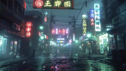 A dark and rainy night in a cyberpunk city. The streets are empty, except for a few stray cats. The only light comes from the neon signs and the occasional street lamp.
