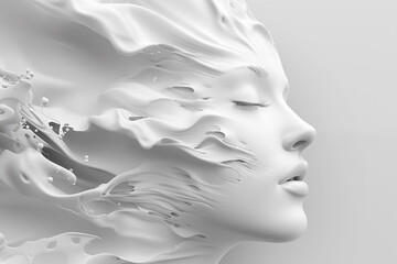 Female face as if caught in mid-transformation or movement, with fluid, wavy contours that convey a sense of motion. Monochrome tones emphasize the sculpture-like quality