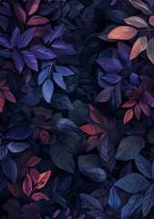 Purple and blue leaves on dark ground, like a painting