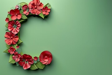 3D Render Letter C with Engraved Flowers on Green Abstract Background