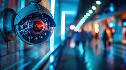 An illuminated security camera installed in a corridor with neon lights and blurred figures of people walking