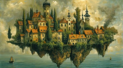 A painting of a European-style castle on a hanging island surrounded by water and trees. The sky is cloudy and there are two boats in the water.