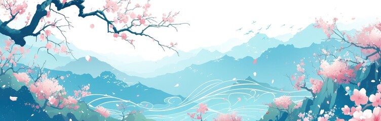 A light blue background with mountains and peach blossoms, Chinese watercolor painting