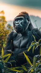 Obraz premium A majestic silverback gorilla standing proudly in the lush green mountains