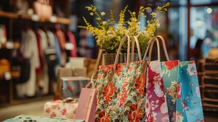 Fashionable floral-printed shopping bags are arranged on a wood surface with a blurred store background