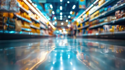 A vibrant and blurred image of a grocery store's aisle, lights reflecting off the polished floor