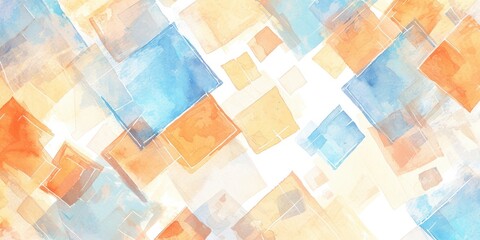 abstract background with watercolor squares and lines in blue, orange pastel colors on white background