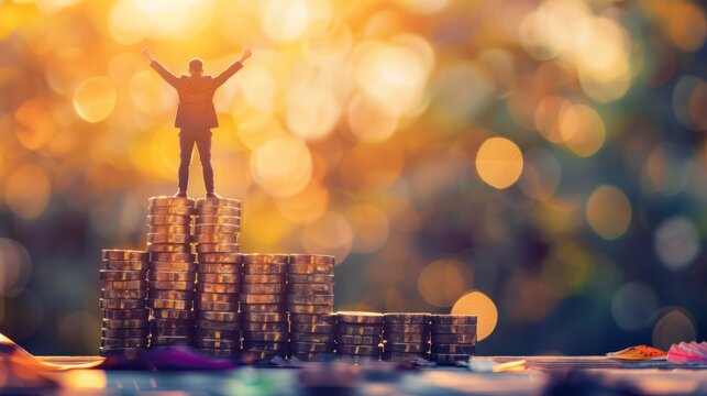 A silhouette of a child standing victoriously on stacks of coins against a sunset, representing goals, financial success, savings, and the future of economy