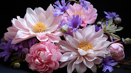 Beautiful bouquet of pink and purple flowers on a black background
