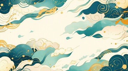 Chinese style background with hand drawn waves and auspicious clouds.