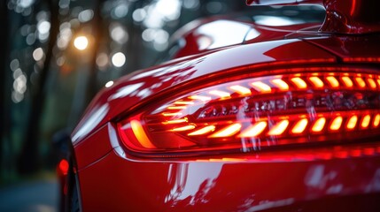 Detailed view of the LED taillight of a modern red sports car, emphasizing design and technology