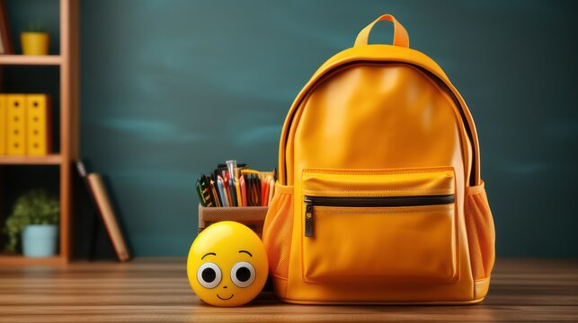 School backpack with smiley face and stationery on table in classroom