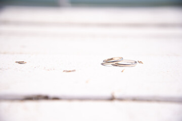 Happy day. Wedding, two wedding rings lie on the pavement.