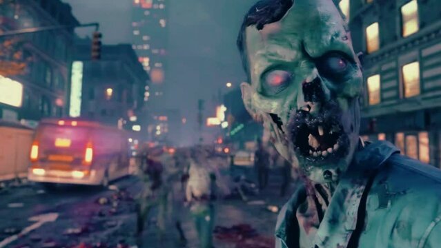Zombie Invasion in a Destroyed City , Horror Halloween Background 4k Loop High-Quality animation video