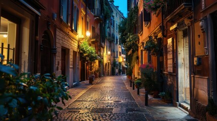 Twilight envelops a charming, narrow alley lined with traditional European architecture and warm, inviting lights - Powered by Adobe