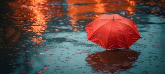 The red umbrella is placed on the ground, and heavy rain falls from above.