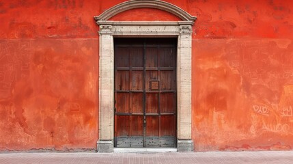 A weathered wooden door set in a vibrant, rustic red wall with architectural stonework and subtle graffiti captures a historical and textured facade