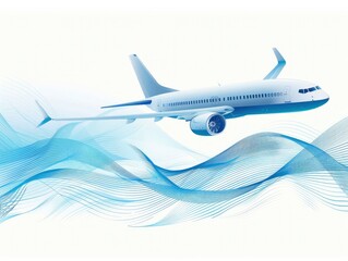 Airplane and blue wavy lines on white background