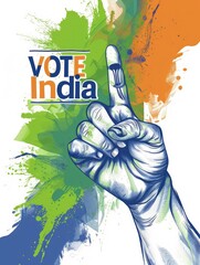 A hand with an inked finger, the Indian flag colors wave in the background with the text VOTE India