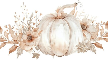 Watercolor beautiful white pumpkin on White background.