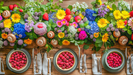 Vibrant tableau of seasonal flowers and bowls of ripe berries, encapsulates essence of autumn's natural abundance and promotes health virtues of eating fresh products. Flat lay